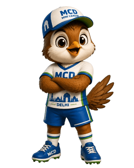 Chiya the mascot standing with wings crossed in MCD Delhi Mini League kit